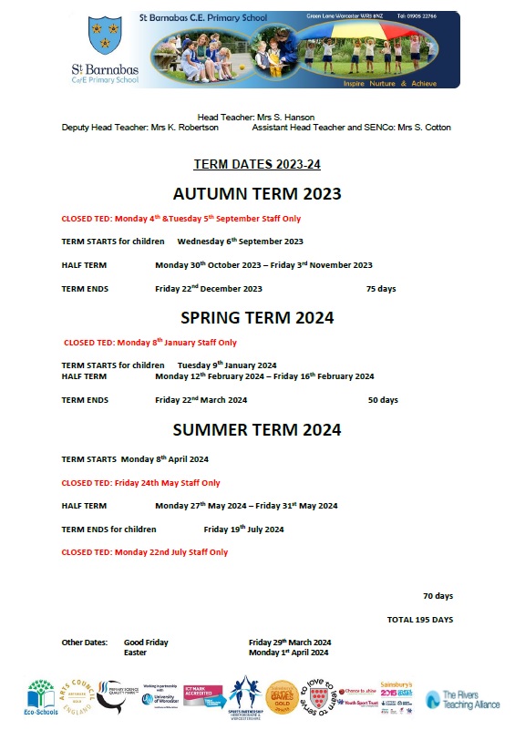 Term dates St Barnabas C.E. Primary School, Worcester